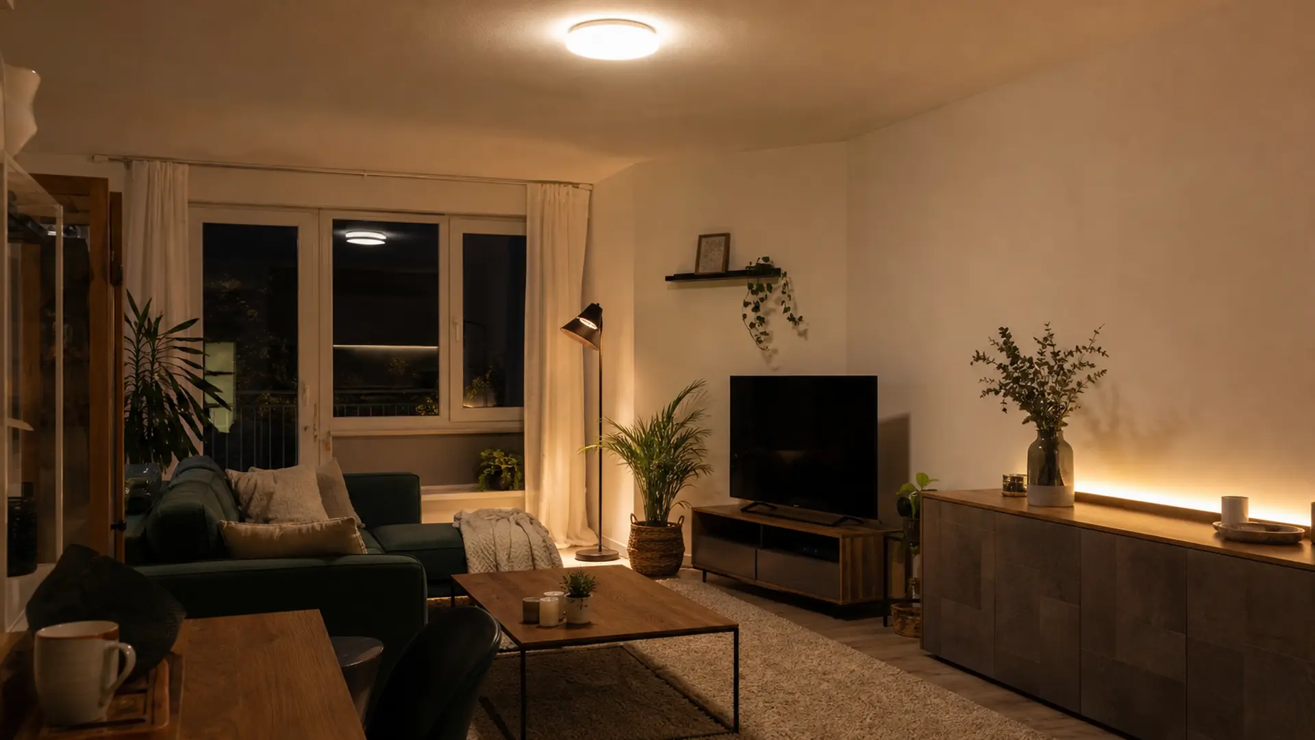 Wohnzimmer am Abend mit Deckenlicht, Stehleuchte und indirektem Licht gleichzeitig