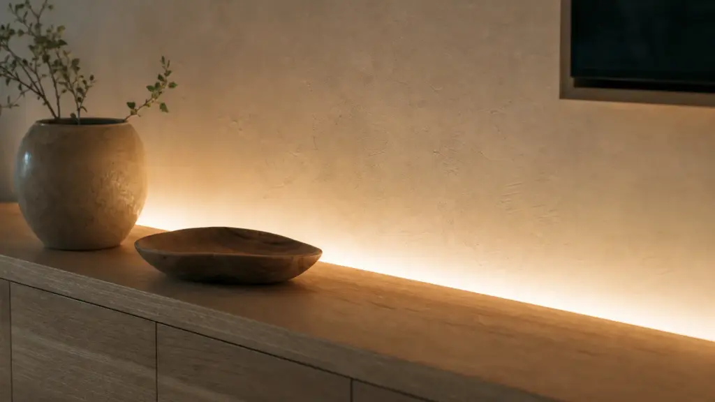 Indirektes Licht hinter einem Möbelstück wirft einen weichen Lichtschein auf die Wand
