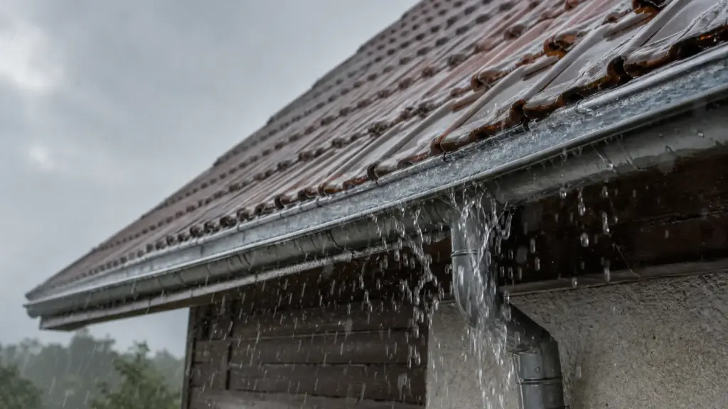 Blick auf eine Dachfläche mit Dachrinne und Fallrohr, aus dem Regenwasser abläuft