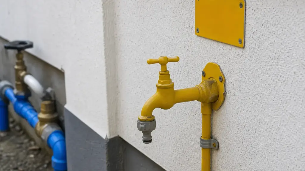 Separater Wasserhahn für Regenwasser an der Hauswand mit deutlich abgesetzter Kennzeichnung