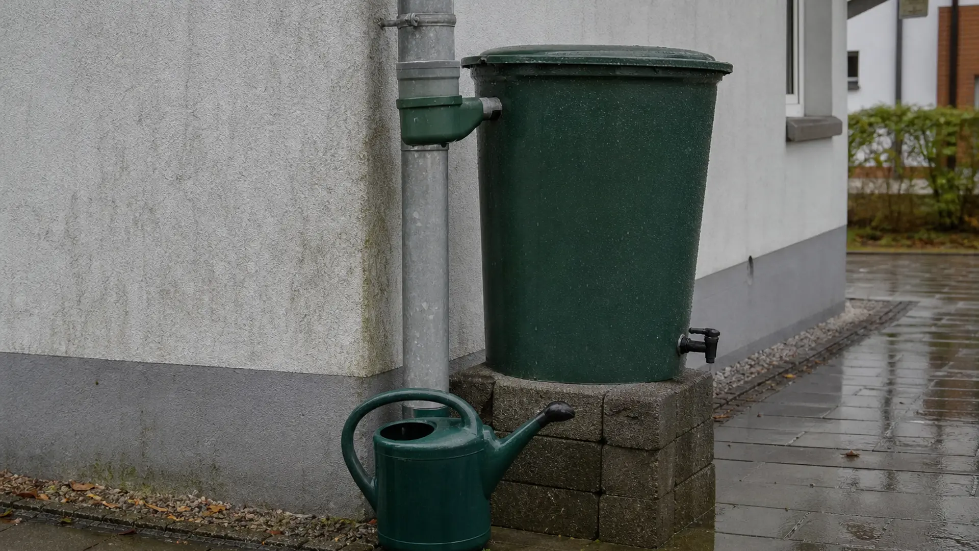 Regentonne am Fallrohr mit eingebautem Regensammler, daneben eine gefüllte Gießkanne