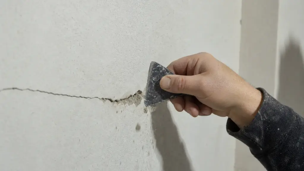 Riss in der Wand wird mit dem Fugenkratzer keilförmig geöffnet