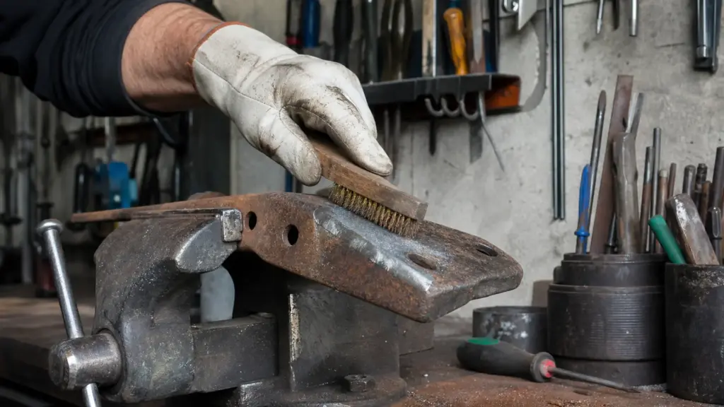Messingbürste entfernt Rost von einem Metallteil, das in einem Schraubstock eingespannt ist