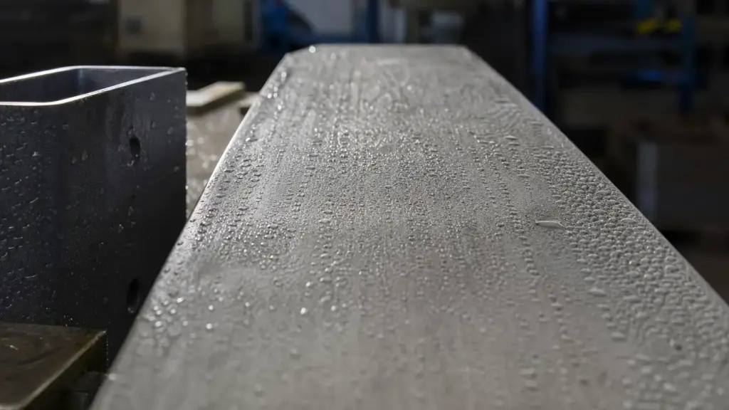 Kondenswassertropfen auf einer kalten Metalloberfläche in einer Werkstatt