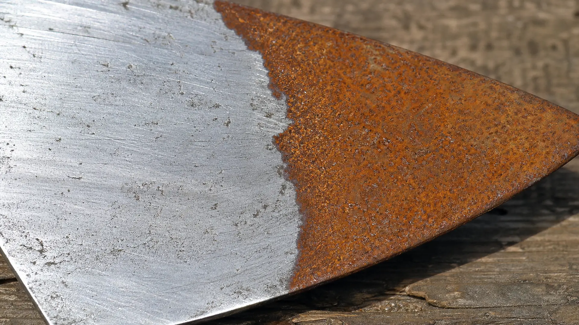 Flugrost auf der Metallfläche eines Werkzeugs, ein Teil der Fläche wurde bereits gereinigt