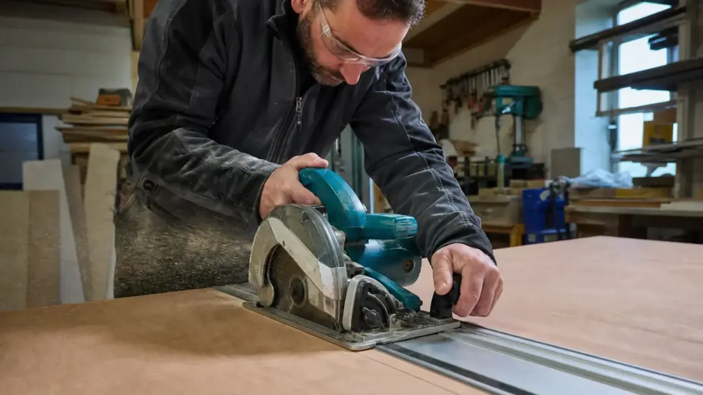 Handkreissäge läuft auf einer Führungsschiene über eine Holzplatte und erzeugt einen geraden Schnitt