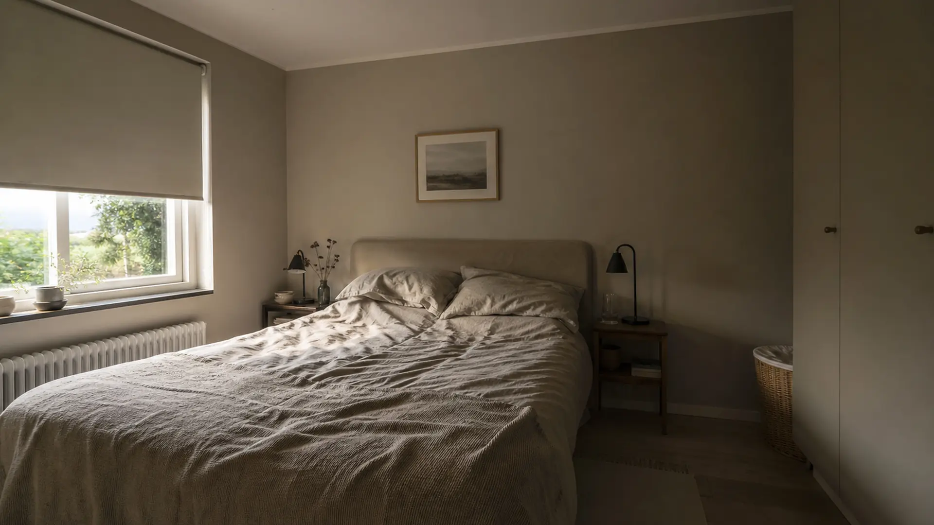 Ruhig gestaltetes Schlafzimmer mit wenigen Möbeln, gedeckten Farben und freien Flächen