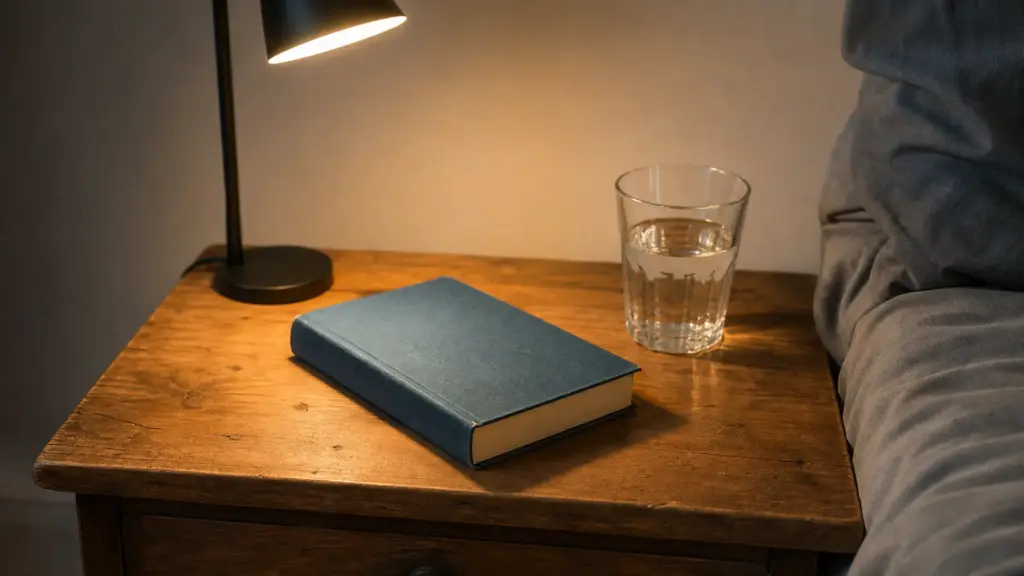 Aufgeräumter Nachttisch mit Leseleuchte und einem Buch, ohne elektronische Geräte