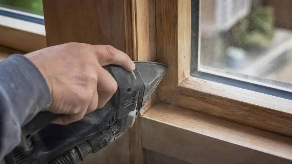 Deltaschleifer arbeitet in einer Innenecke, die spitze Schleifplatte erreicht den Winkel