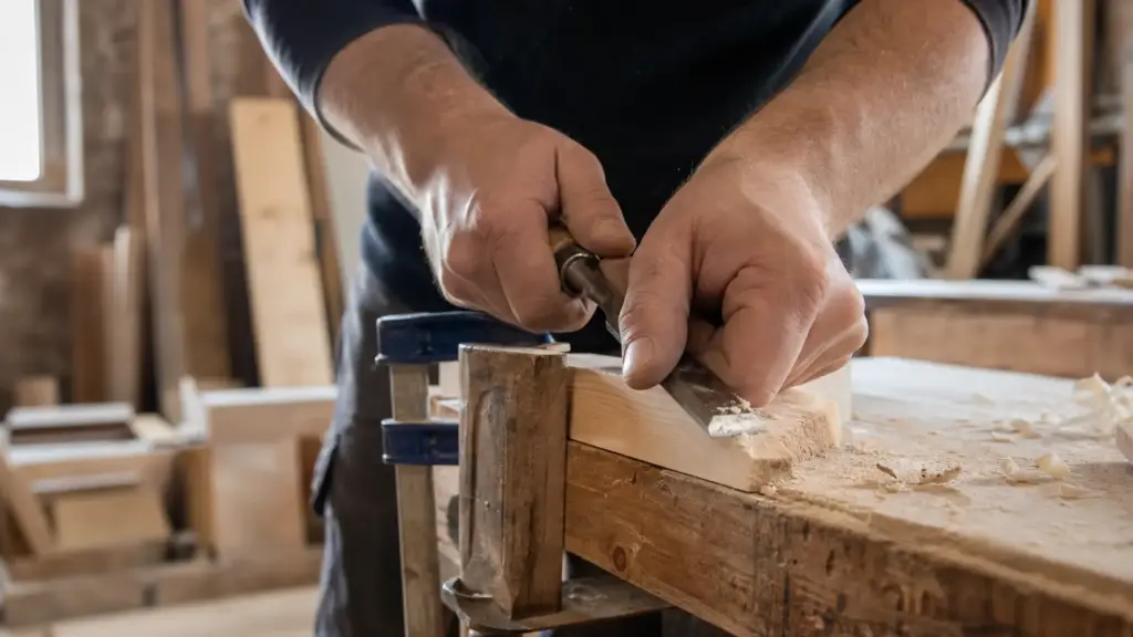 Stechbeitel wird mit beiden Händen geführt, das Werkstück ist mit einer Zwinge fixiert