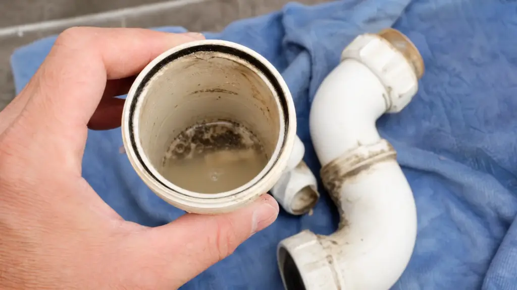 Geöffnetes Unterteil eines Flaschensiphons, in dem der stehende Wasserrest sichtbar ist