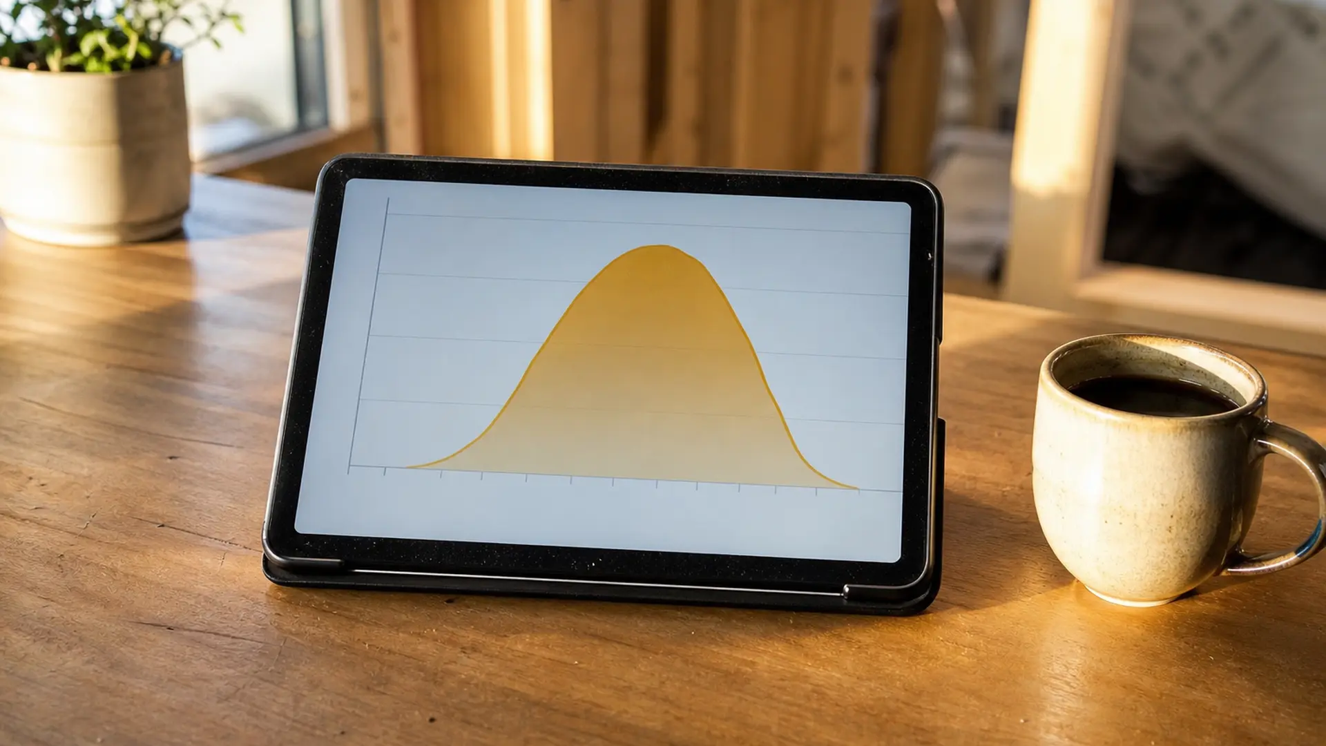 Tagesertragskurve einer Solaranlage auf einem Tablet am Küchentisch
