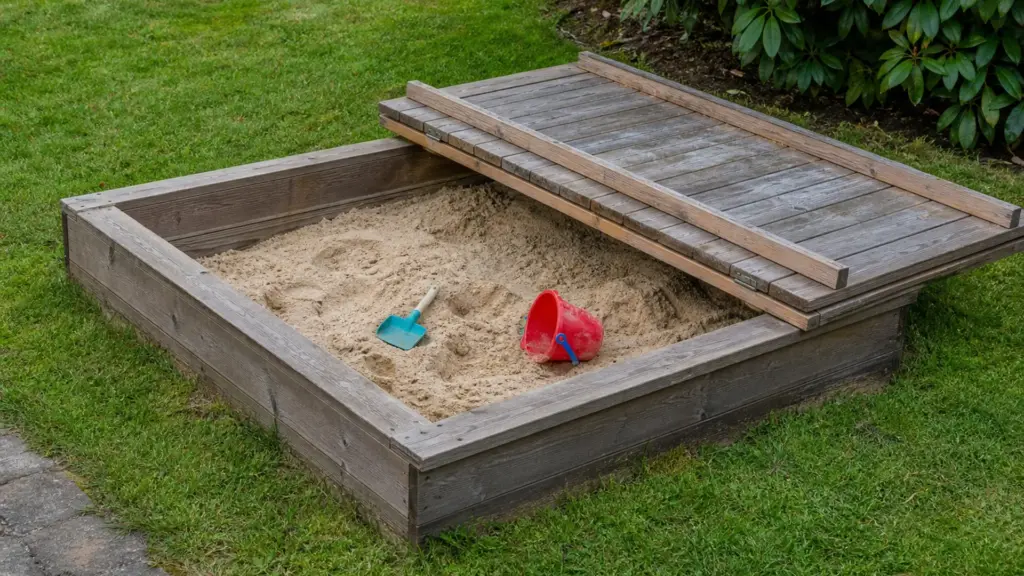 Sandkasten mit hochgeklappter Abdeckung im Garten, daneben liegen Schaufel und Eimer