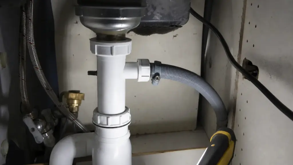 Blick in den geöffneten Spülenunterschrank auf Siphon, Ablaufgarnitur und den seitlichen Anschluss für den Geschirrspüler
