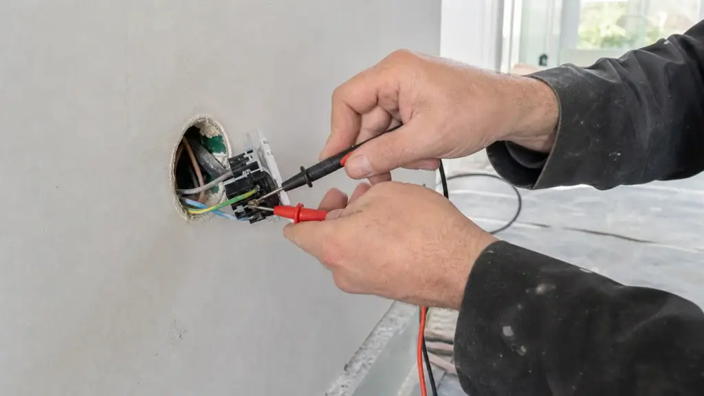 Elektriker prüft mit zweipoligem Spannungsprüfer die Kontakte einer ausgebauten Steckdose