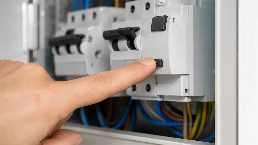 Finger drückt die Prüftaste des Fehlerstromschutzschalters im Sicherungskasten
