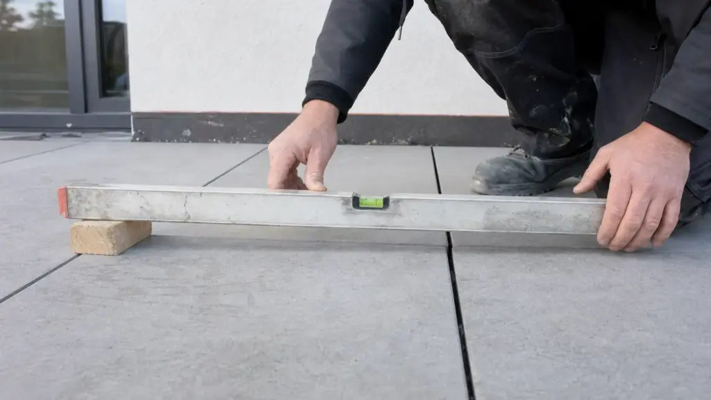 Wasserwaage mit Unterlegklotz auf einer Terrassenfläche zeigt das Gefälle vom Haus weg