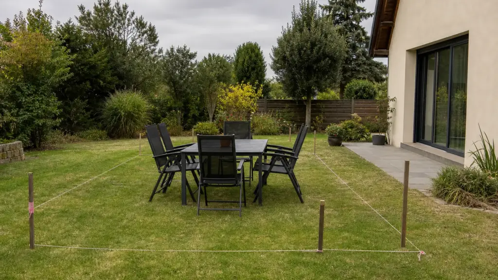 Mit Kreppband und Schnüren abgesteckter Terrassenumriss im Garten, darin steht bereits ein Gartentisch