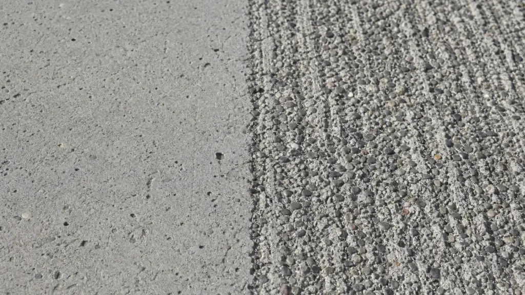 Betonplatte mit sichtbar aufgerauter Oberfläche und Streifenmuster nach zu nahem Hochdruckeinsatz