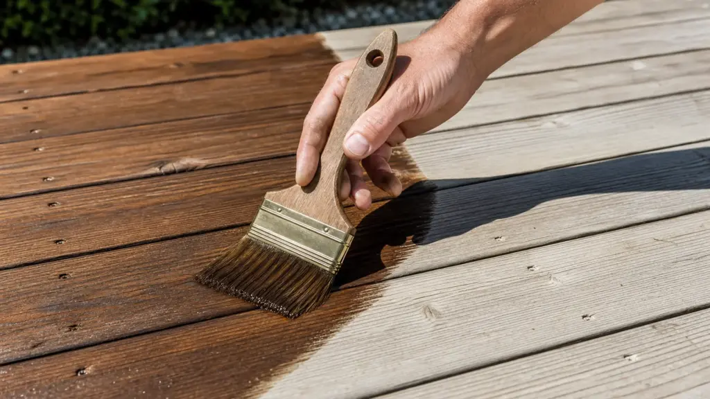 Flachpinsel trägt Öl in Faserrichtung auf eine gereinigte Terrassendiele auf