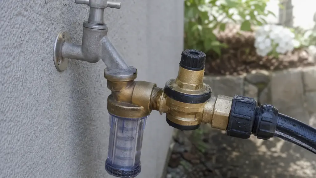 Filter und Druckminderer sind hintereinander an den Wasserhahn geschraubt, davon geht der Verteilerschlauch ab