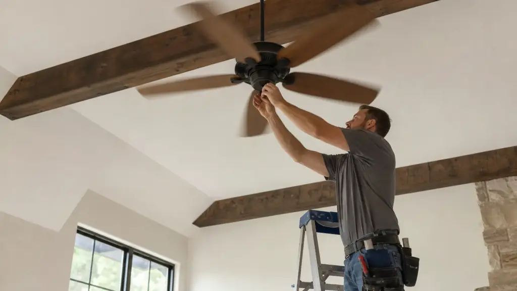 Deckenventilator mit breiten Flügeln in einem Raum mit ausreichender Deckenhöhe