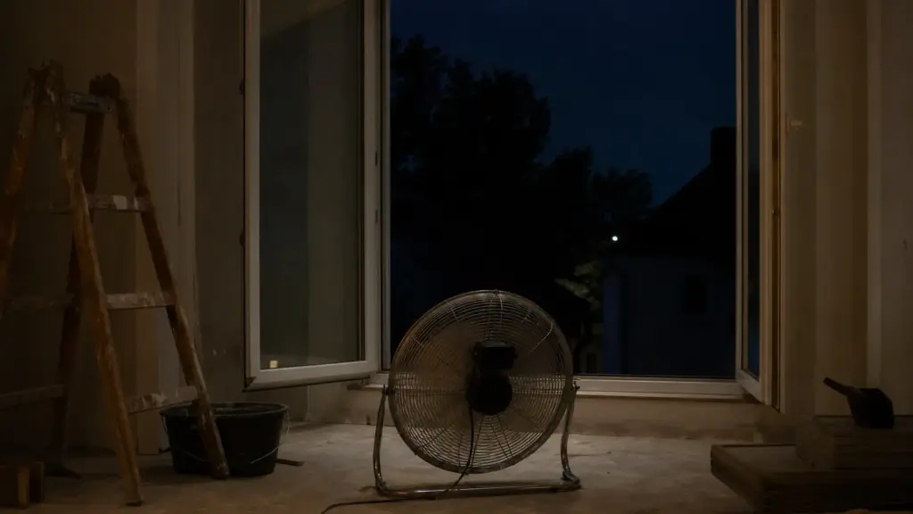 Ventilator steht nachts vor einem offenen Fenster und schiebt kühle Außenluft in den Raum