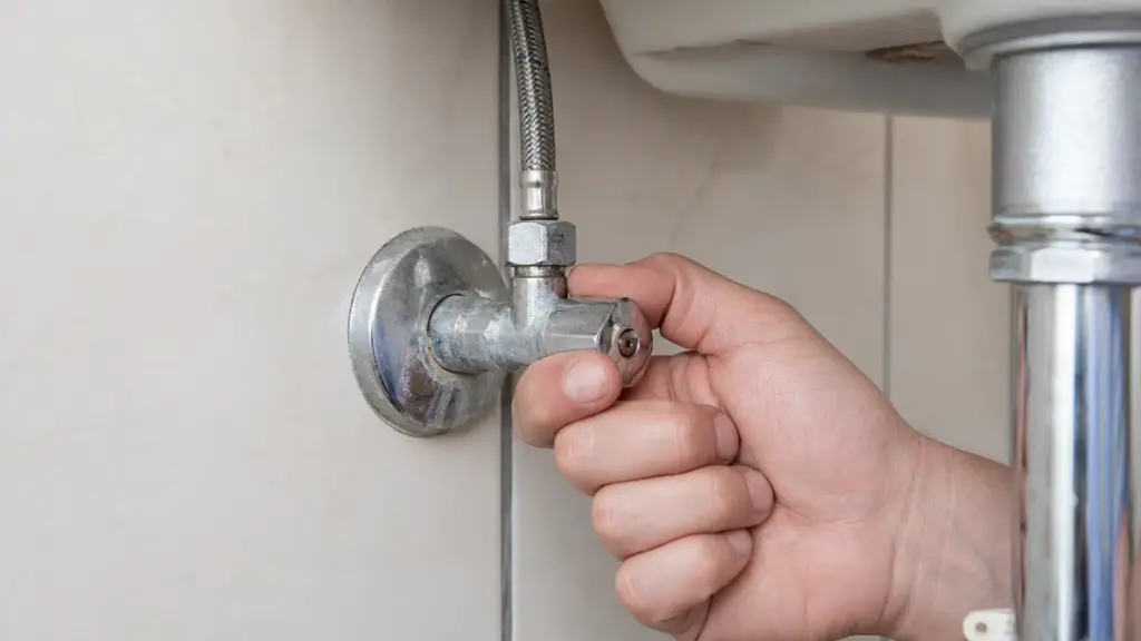 Eckventil unter einem Waschtisch wird von Hand bewegt