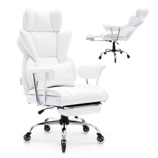 VEVOR Bürostuhl PU Leder Weißer Chefsessel mit Fußstütze, Schreibtisch Drehsessel Höhenverstellbar 0–80 mm, 181,43 kg Tragfähigkeit, Chefsessel Bürostuhl 860 x 610 mm Rückenlehne Drehsessel