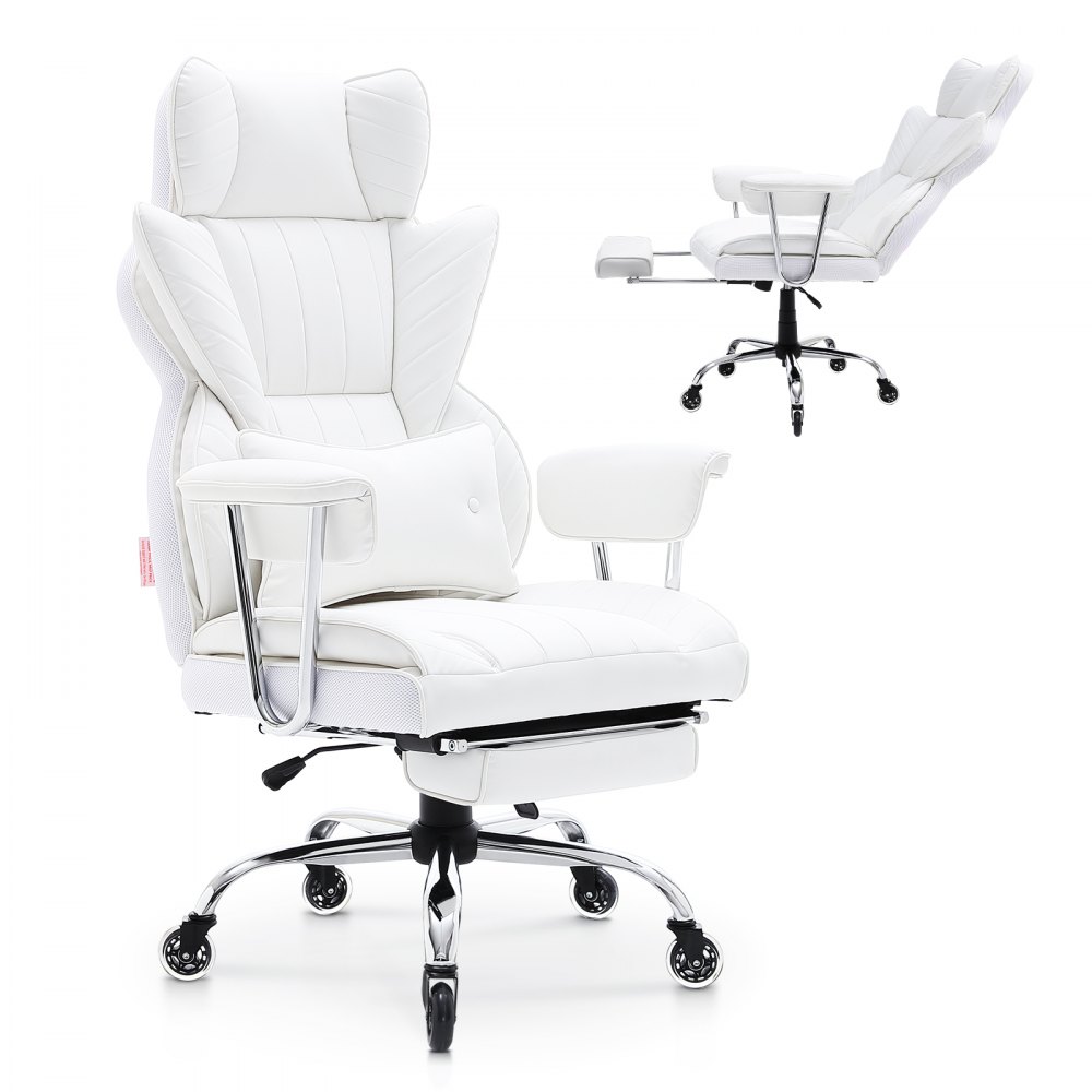 VEVOR Bürostuhl PU Leder Weißer Chefsessel mit Fußstütze, Schreibtisch Drehsessel Höhenverstellbar 0–80 mm, 181,43 kg Tragfähigkeit, Chefsessel Bürostuhl 860 x 610 mm Rückenlehne Drehsessel