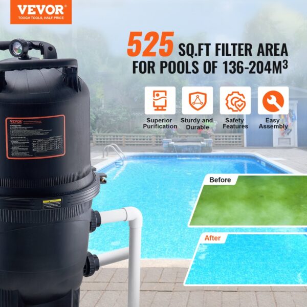 VEVOR Kartuschen-Poolfilter, 49 m² Filterfläche, Einbau-Poolfilter, oberirdisches Schwimmbad-Filtrationsfiltersystem mit Upgrade-Filter und auslaufsicher, für Whirlpools, Spa, aufblasbare Pools – Bild 2