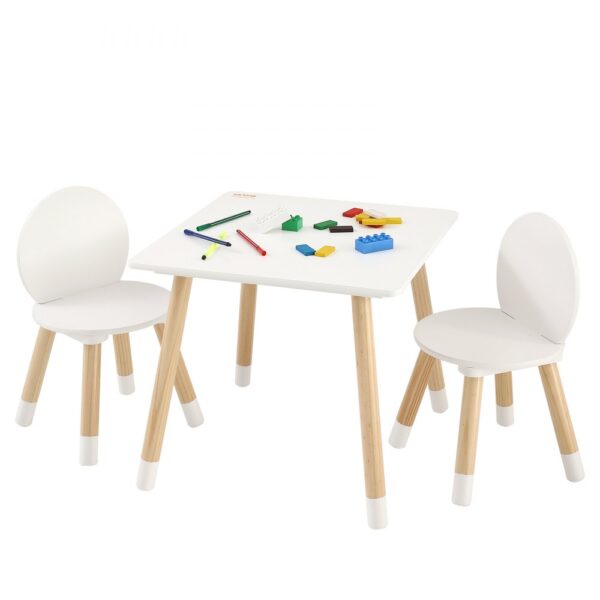 VEVOR Kindersitzgruppe Kindertisch, 2 Kinderstühle 1 Tisch Kindersitzgruppe aus Kiefernholz, Kindertisch-Set Stabile Kindermöbel Sitzmöbel für Kinder, Mädchen, Jungen, Spielzimmer Kindermöbelset Weiß