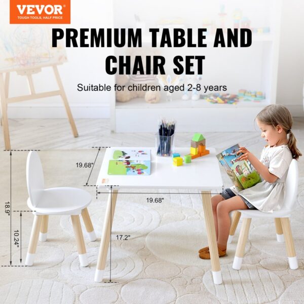 VEVOR Kindersitzgruppe Kindertisch, 2 Kinderstühle 1 Tisch Kindersitzgruppe aus Kiefernholz, Kindertisch-Set Stabile Kindermöbel Sitzmöbel für Kinder, Mädchen, Jungen, Spielzimmer Kindermöbelset Weiß – Bild 2