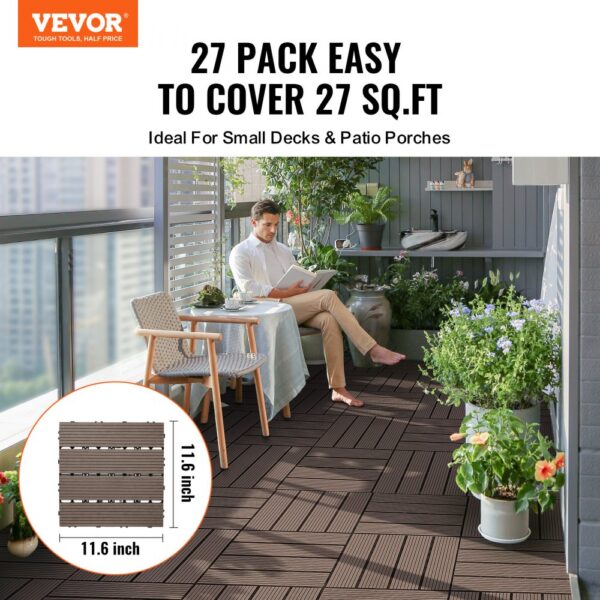 VEVOR Terrassenfliesen, 27er-Set, Balkonfliesen 295 x 295 mm, Klickfliesen, wasserdichter Kunststoff-Bodenbelag für den Außenbereich, Terrassenbodenbelag für Veranda, Pool, Balkon, Dunkelbraun – Bild 2 VEVOR Terrassenfliesen, 27er-Set, Balkonfliesen 295 x 295 mm, Klickfliesen, wasserdichter Kunststoff-Bodenbelag für den Außenbereich, Terrassenbodenbelag für Veranda, Pool, Balkon, Dunkelbraun – Bild 2
