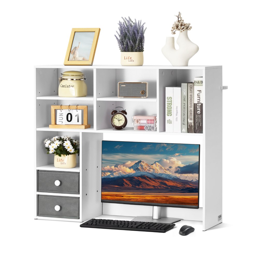 VEVOR Schreibtisch Bücherregal 3-stufiger Organizer (94 x 25,4 x 79,2 cm) Tischregale Organizer Ausstellungsregal aus Spanplatte + Melaminpapier, Regal mit rutschfesten Füßen, für Büro Weiß