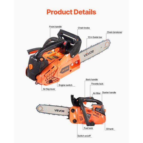 VEVOR 25-cc-Benzin-Kettensäge, Motorsäge 305 mm, 1,02-PS-Säge mit rutschfestem Griff, zwei Kraftstofftanks und Not-Aus-Funktion, max. 12000 U/min, zum Holzfällen, Baumbeschneiden und Roden – Bild 3