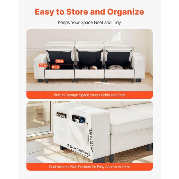 VEVOR Loungesofa modulares Sofa mit Stauraum unten, moderner Couch mit seitlichen Aufbewahrungstaschen & Metallrahmen, Schlafsofa ideal für Wohnzimmer, Schlafzimmer, Wohnung und Büro, weiß – Bild 5
