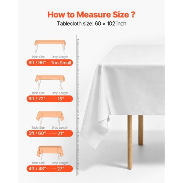 VEVOR 10 x Tischdecke Tischwäsche 1524x2591 mm, wiederverwendbarer Tischdeckenschutz, maschinenwaschbares Tischtuch aus Polyestergewebe für Partys Hochzeiten Bankette formelle Veranstaltungen, Weiß – Bild 5 VEVOR 10 x Tischdecke Tischwäsche 1524x2591 mm, wiederverwendbarer Tischdeckenschutz, maschinenwaschbares Tischtuch aus Polyestergewebe für Partys Hochzeiten Bankette formelle Veranstaltungen, Weiß – Bild 5