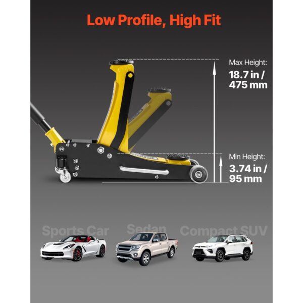 VEVOR Rangierwagenheber Wagenheber mit niedrigem Profil & 360° Rollen 2,5 t, Doppelkolben-Schnellhubpumpe, 95–475 mm Hubhöhe, hydraulische Wagenheber für kompakte SUVs Gelb + Schwarz – Bild 3 VEVOR Rangierwagenheber Wagenheber mit niedrigem Profil & 360° Rollen 2,5 t, Doppelkolben-Schnellhubpumpe, 95–475 mm Hubhöhe, hydraulische Wagenheber für kompakte SUVs Gelb + Schwarz – Bild 3