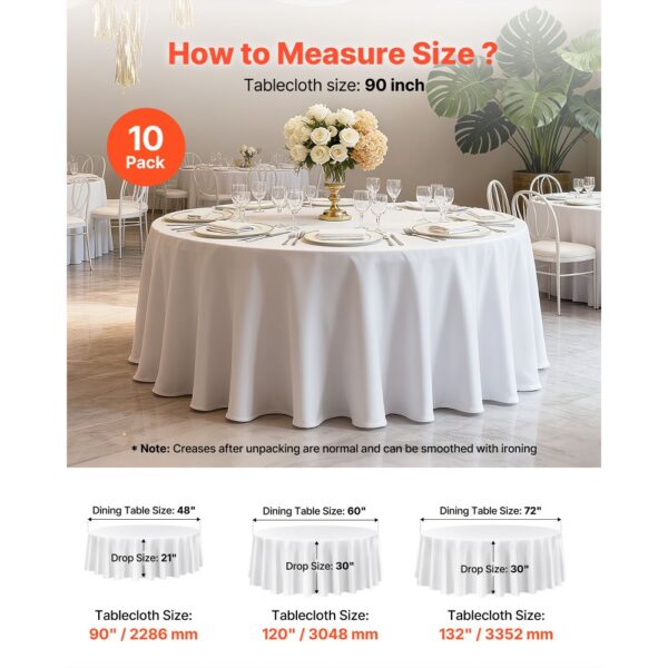 VEVOR 10 x runde Tischdecken Tischwäsche 2286 mm, knitterfreier Tischdeckenschutz, maschinenwaschbares Tischtuch aus Polyestergewebe für Partys Hochzeiten Bankette formelle Veranstaltungen, Weiß – Bild 5 VEVOR 10 x runde Tischdecken Tischwäsche 2286 mm, knitterfreier Tischdeckenschutz, maschinenwaschbares Tischtuch aus Polyestergewebe für Partys Hochzeiten Bankette formelle Veranstaltungen, Weiß – Bild 5
