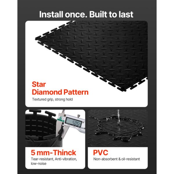 VEVOR PVC Garagenboden, 16er-Pack 513x513x5 mm, Werkstattboden, Industrieboden, Klick Verlegung, rutschfeste PVC-Matten mit Diamantplatte für Werkstatt, Lager, Werkzeugraum, Schwarz – Bild 3