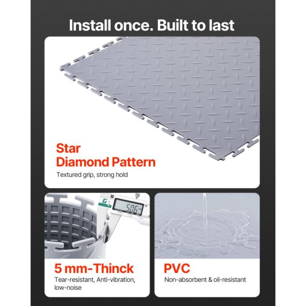 VEVOR PVC Garagenboden, 8er-Pack 513x513x5 mm, Werkstattboden, Industrieboden, Klick Verlegung, rutschfeste PVC-Matten mit Diamantplatte für Werkstatt, Lager, Werkzeugraum, Hellgrau – Bild 3