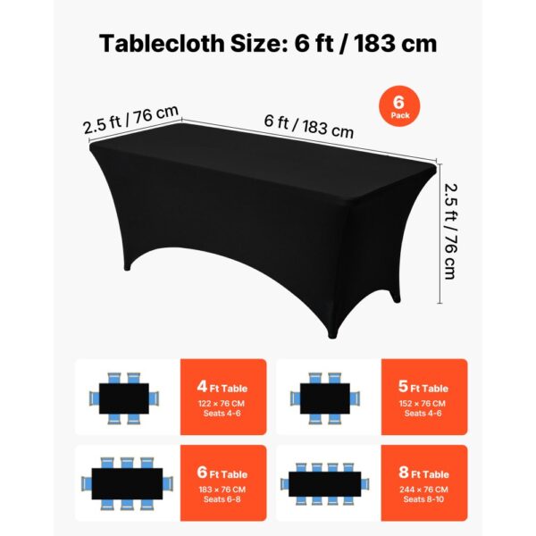 VEVOR 6 x Stretch Spandex Tischdecke Tischwäsche (rechteckig) geeignet für 1829 mm Tische, waschbarer knitterfreier Tischdeckenschutz, Tischtuch für Partys Hochzeiten Bankette Festivals, Schwarz – Bild 4