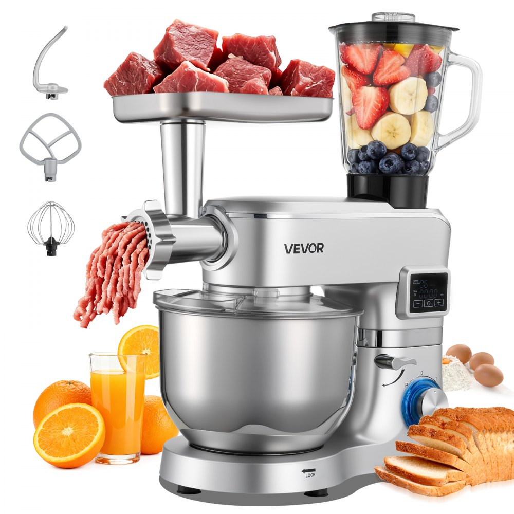 VEVOR multifunktionale Küchenmaschine elektrisch 1500 W mit Edelstahlschüssel (5,7 L) & Mixbecher (1,5 L), Knetmaschine Teigmixer mit 6+P Geschwindigkeiten & Knethaken & Schneebesen & Rührbesen