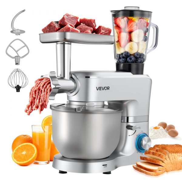 VEVOR multifunktionale Küchenmaschine elektrisch 1500 W mit Edelstahlschüssel (6 L) & Mixbecher (1,5 L), Knetmaschine Teigmixer mit 6+P Geschwindigkeiten & Knethaken & Schneebesen & Rührbesen VEVOR multifunktionale Küchenmaschine elektrisch 1500 W mit Edelstahlschüssel (6 L) & Mixbecher (1,5 L), Knetmaschine Teigmixer mit 6+P Geschwindigkeiten & Knethaken & Schneebesen & Rührbesen