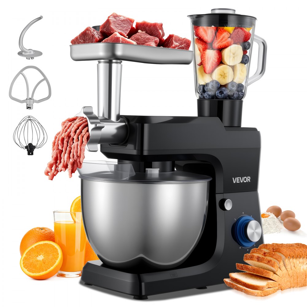 VEVOR multifunktionale Küchenmaschine elektrisch 1500 W mit Edelstahlschüssel (7,8 L) & Mixbecher (1,5 L), Knetmaschine Teigmixer mit 6+P-Geschwindigkeiten & Knethaken & Schneebesen & Rührbesen