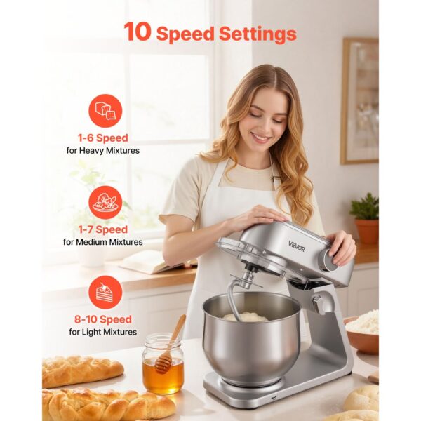 VEVOR Knetmaschine Küchenmaschine zum Backen, 1800 W Teigmaschine mit Edelstahlschüsseln (7,4 L) & Knethaken & Rührbesen & Schneebesen, 10-Gang einstellbare kippbare Rührmaschine Standmixer – Bild 4 VEVOR Knetmaschine Küchenmaschine zum Backen, 1800 W Teigmaschine mit Edelstahlschüsseln (7,4 L) & Knethaken & Rührbesen & Schneebesen, 10-Gang einstellbare kippbare Rührmaschine Standmixer – Bild 4