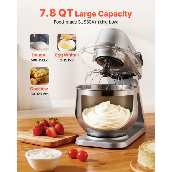 VEVOR Knetmaschine Küchenmaschine zum Backen, 1800 W Teigmaschine mit Edelstahlschüsseln (7,4 L) & Knethaken & Rührbesen & Schneebesen, 10-Gang einstellbare kippbare Rührmaschine Standmixer – Bild 5 VEVOR Knetmaschine Küchenmaschine zum Backen, 1800 W Teigmaschine mit Edelstahlschüsseln (7,4 L) & Knethaken & Rührbesen & Schneebesen, 10-Gang einstellbare kippbare Rührmaschine Standmixer – Bild 5