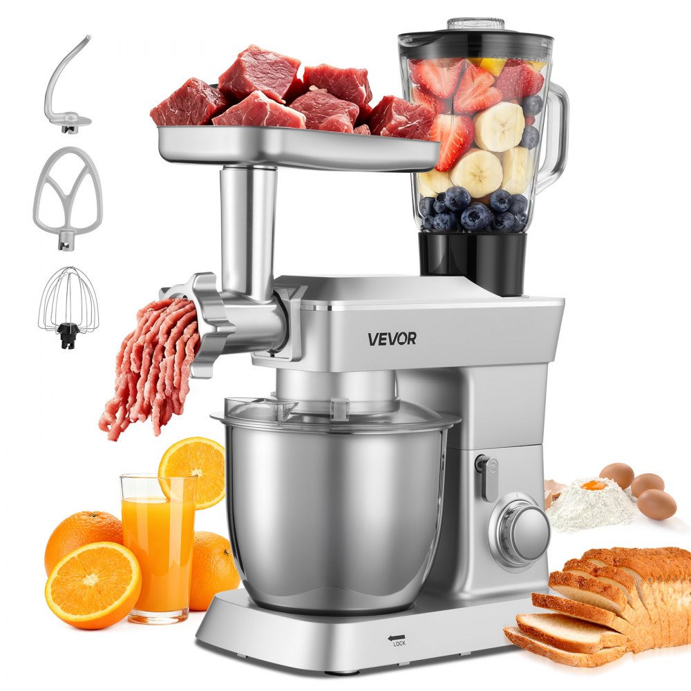 VEVOR multifunktionale Küchenmaschine elektrisch 1300 W mit Edelstahlschüssel (4,3 L) & Mixbecher (1,5 L), Knetmaschine Teigmixer mit 6+P Geschwindigkeiten & Knethaken & Schneebesen & Rührbesen