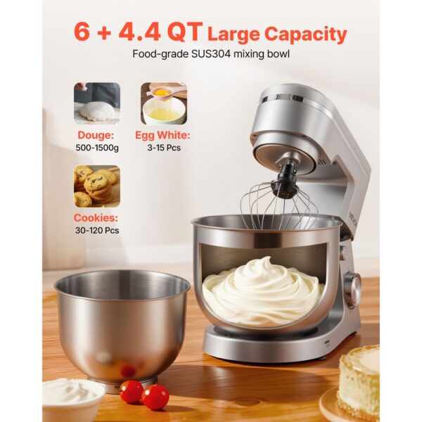 VEVOR Knetmaschine Küchenmaschine zum Backen, 1500 W Teigmaschine mit Edelstahlschüsseln (4,2 + 5,7 L) & Knethaken & Rührbesen & Schneebesen, 10-Gang einstellbare kippbare Rührmaschine Standmixer – Bild 5